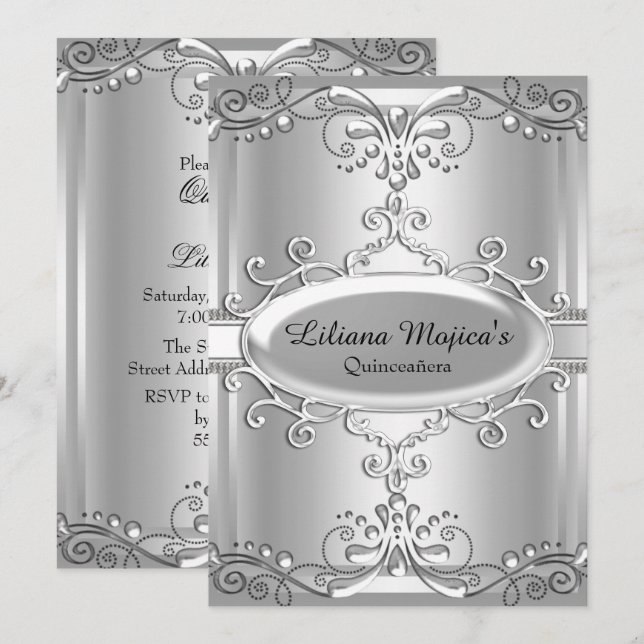 Elegante Invitación De Swirl Plateado Quinceanera (Anverso / Reverso)