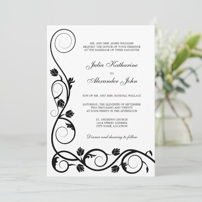 Elegante Invitación de Swirls en blanco y negro (Anverso de pie)
