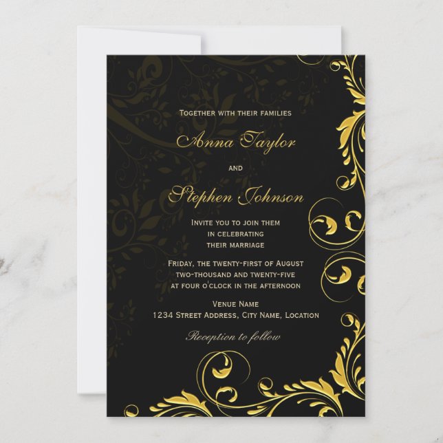 Elegante Invitación de Swirls Floral Gold (Anverso)