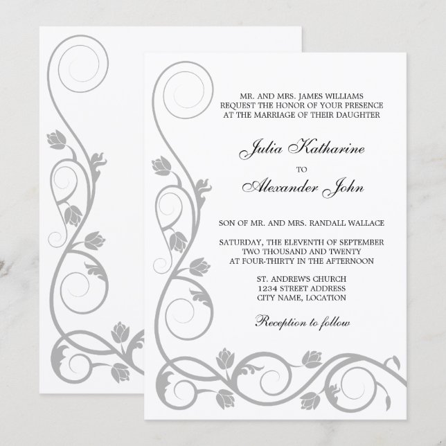 Elegante Invitación de Swirls Plateado (Anverso / Reverso)