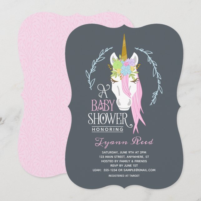 Elegante invitación de unicornio a Baby Shower (Anverso / Reverso)