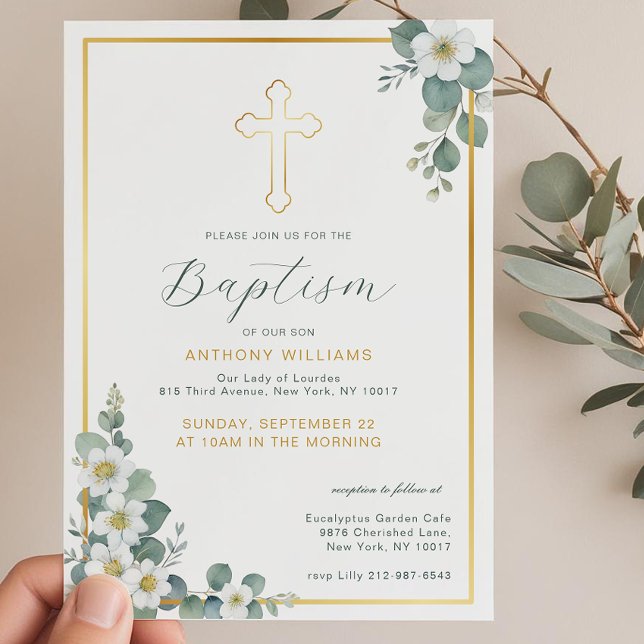Elegante Invitación del Bautismo de la Cruz de Oro (Gender Neutral Baptism Invitation)