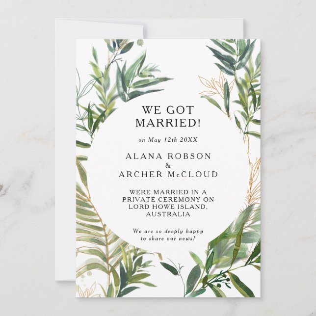 Elegante Invitación del Elopement de la vegetación (Anverso)