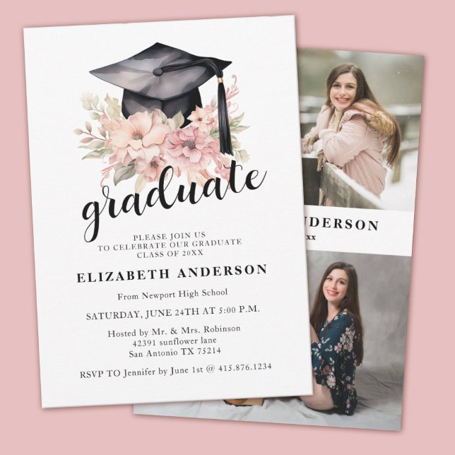 Elegante Invitación del Partido de Graduación de F (An elegant girls floral graduation party invitation. Personalize with your name and photos.)