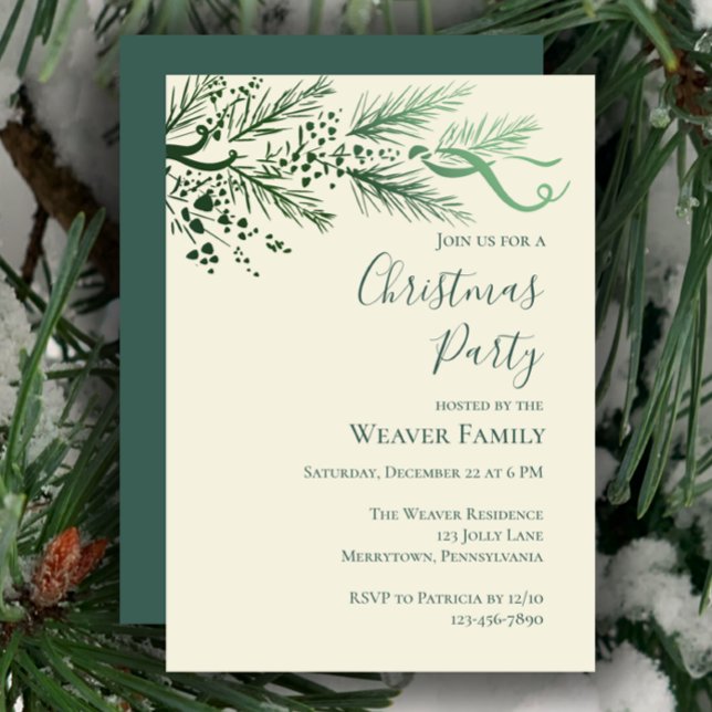 Elegante invitación del Partido de Navidades de Pi (Customize this template for a unique hand drawn pine Christmas party invitation. Elegant sage.
)