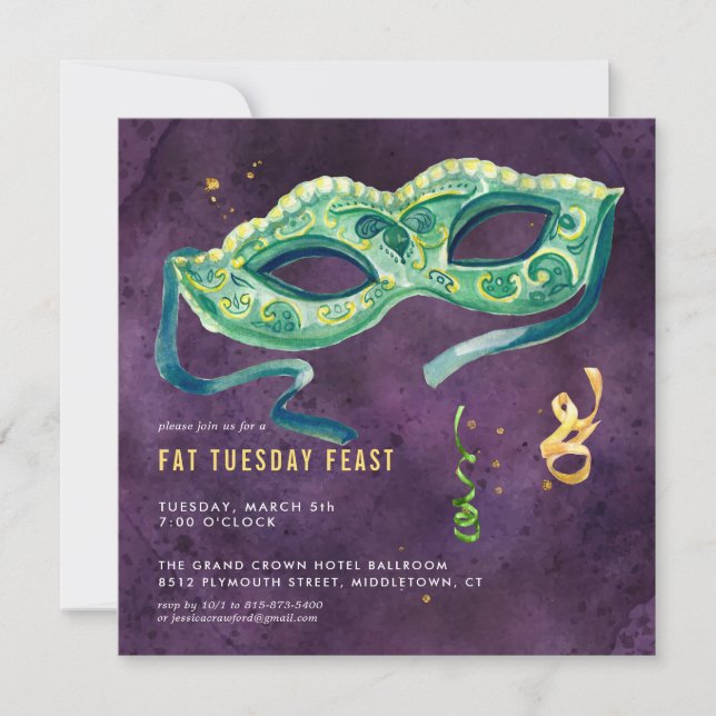 Elegante invitación del partido Mardi Gras (Anverso)