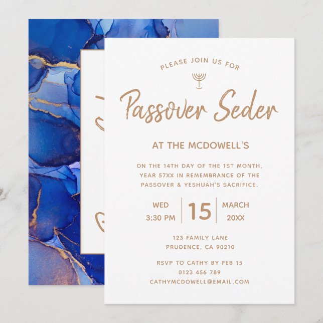 Elegante Invitación del Séder de Pascua de Oro Azu (Anverso / Reverso)