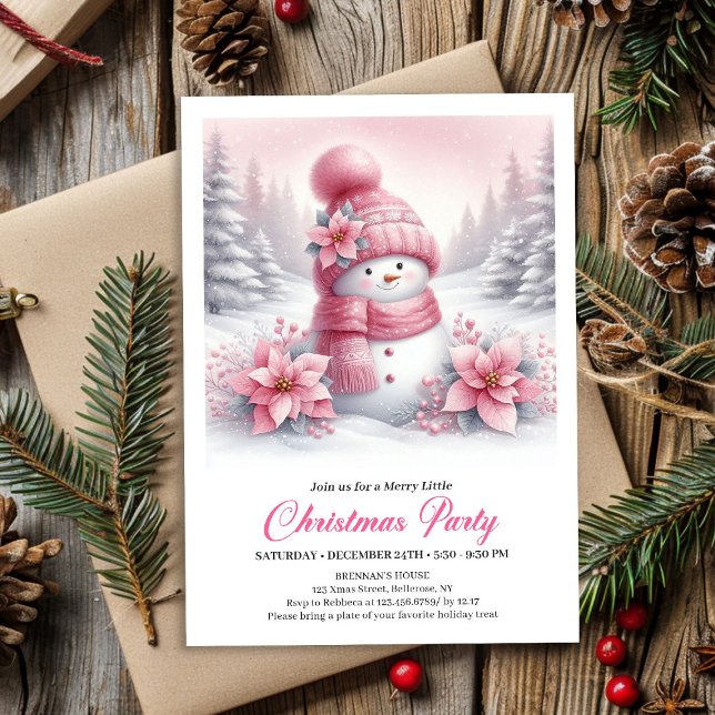 Elegante Invitación Digital de Navidad para Niños  (Elegant Pink Snowman Kids Christmas Invite Digital Design)