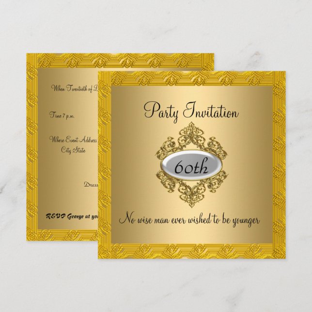 Elegante invitación dorada para cumpleaños 60 (Anverso / Reverso)
