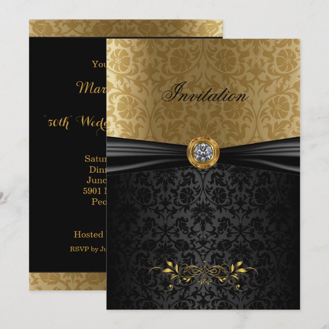 Elegante Invitación dorada y damasco negro (Anverso / Reverso)