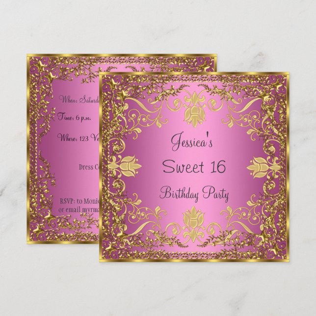 Elegante Invitación Dulces 16 rosado Oro (Anverso / Reverso)
