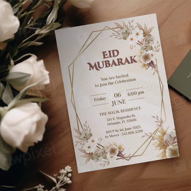 elegante invitación Eid Mubarak Floral Beige Musul (Subido por el creador)
