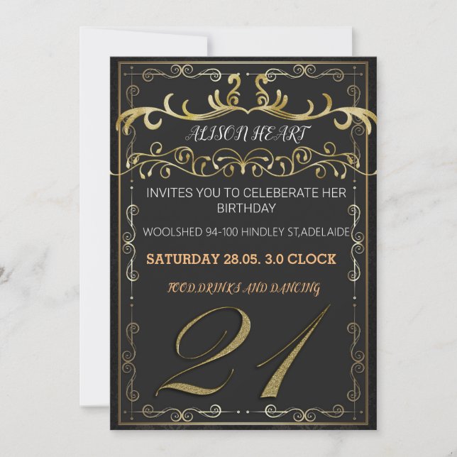 Elegante invitación en negro y oro a celebrar (Anverso)