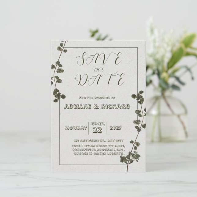 Elegante invitación en tonos beige y verde pastel (Anverso de pie)