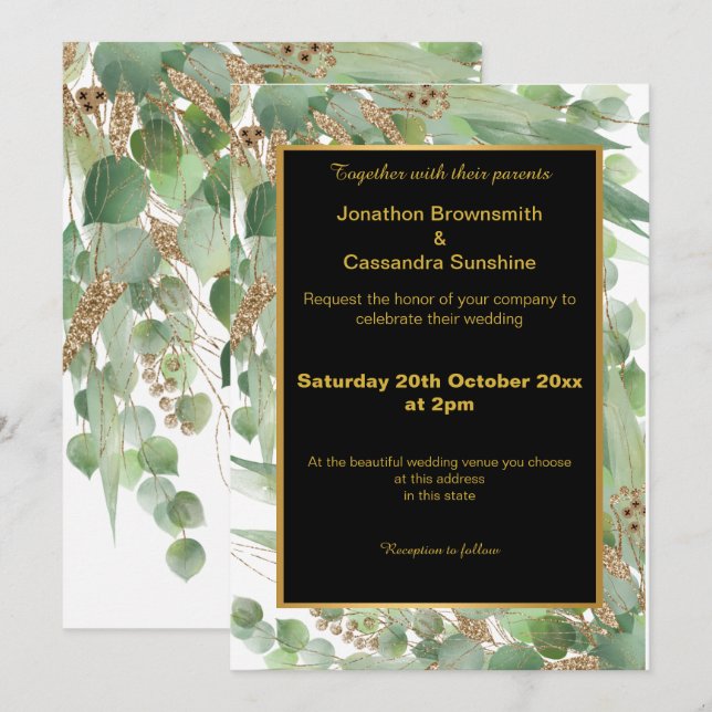 ELEGANTE INVITACIÓN EUCALÍPTUS DE ORO AMARILLO NEG (Anverso / Reverso)