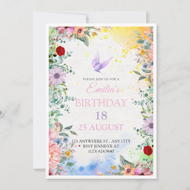 Elegante invitación floral 18 cumpleaños con agua (Anverso)