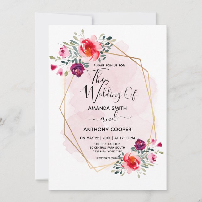 Elegante invitación floral a acuarela hecha a mano (Anverso)