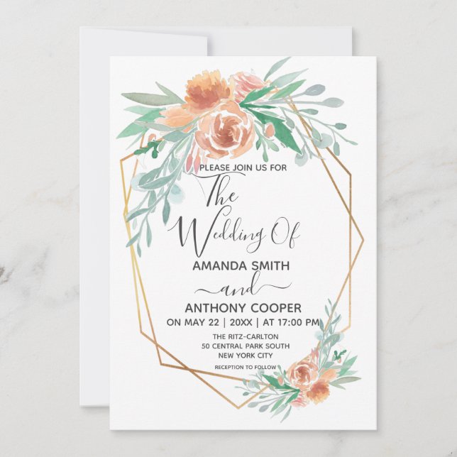 Elegante invitación floral a acuarela hecha a mano (Anverso)
