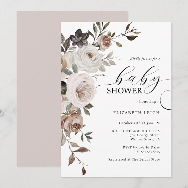 Elegante invitación floral a Baby Shower (Anverso / Reverso)