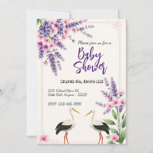 Elegante invitación floral a Baby Shower con cigüe