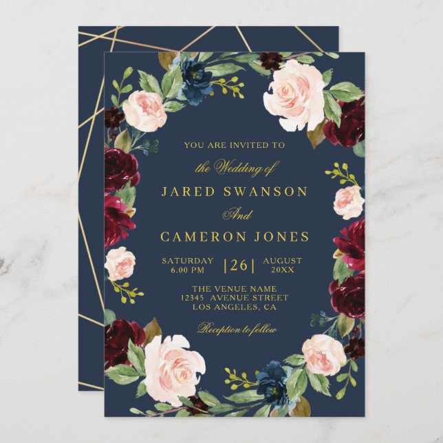 elegante invitación floral a la boda de la Marina  (Anverso / Reverso)