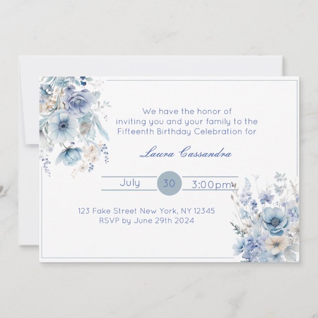Elegante invitación floral azul claro (Reverso)