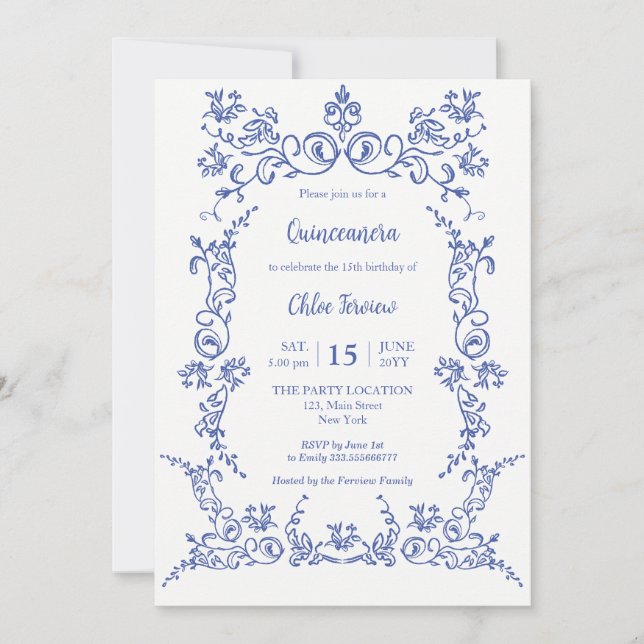 Elegante invitación floral azul de Quinceañera (Anverso)