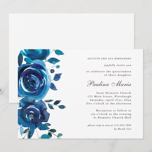 Elegante invitación Floral Azul Quinceañera (Anverso / Reverso)
