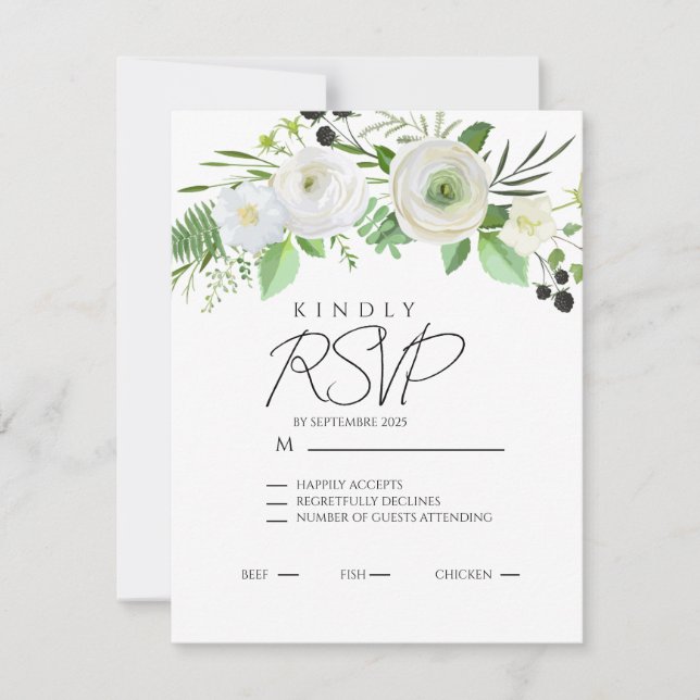 Elegante Invitación Floral Blanca Simple (Anverso)