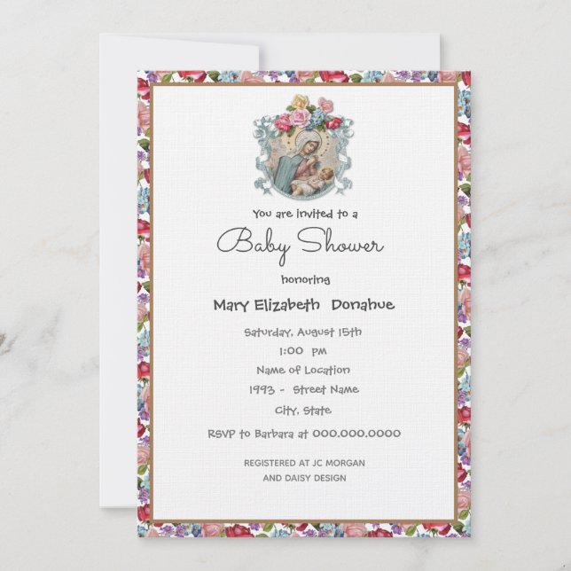 Elegante invitación floral católica de Baby Shower (Anverso)