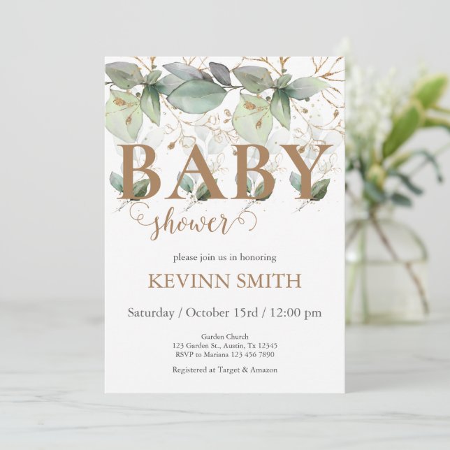 Elegante invitación floral de Baby Shower Boy (Anverso de pie)