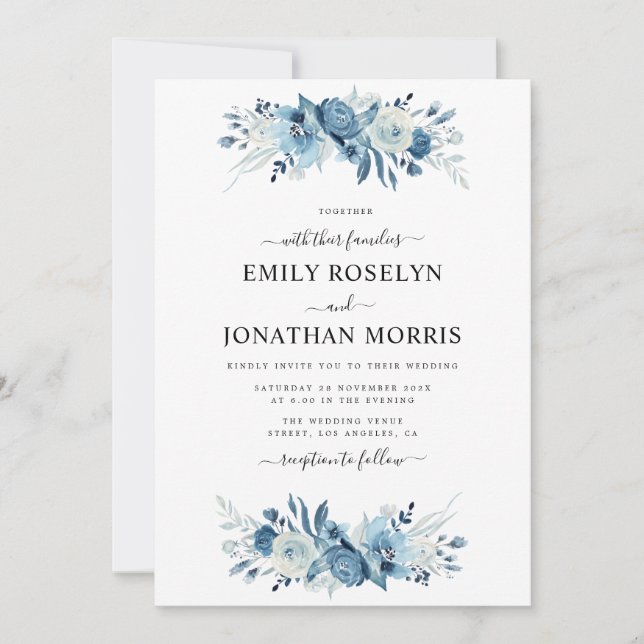 elegante invitación floral de boda azul (Anverso)