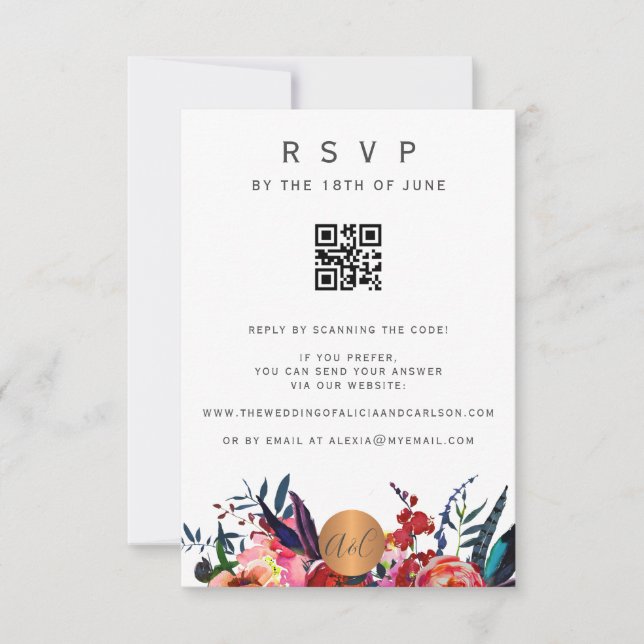 Elegante invitación floral de código QR para RSVP (Anverso)