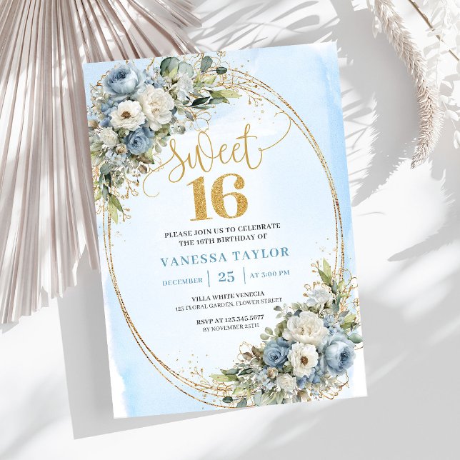 Elegante Invitación Floral de Dulces Dieciséis en  (Elegant Dusty Blue Floral Greenery Sweet Sixteen Invite)