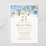 Elegante invitación floral de oro azul en el 21º c<br><div class="desc">Más invitaciones de cumpleaños florales en la tienda Little Bayleigh!</div>