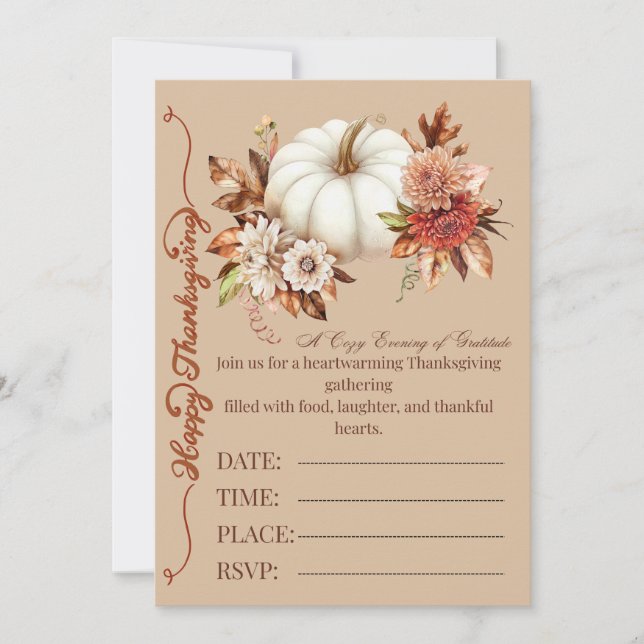 Elegante Invitación Floral de Otoño con Calabaza (Anverso)