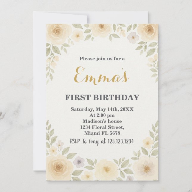 Elegante invitación floral de primer cumpleaños (Anverso)