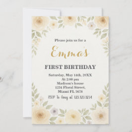 Elegante invitación floral de primer cumpleaños