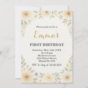 Elegante invitación floral de primer cumpleaños