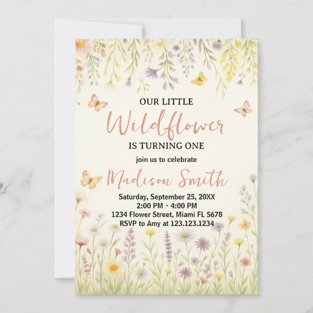 Elegante invitación floral de primer cumpleaños (Anverso)