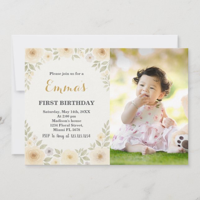 Elegante invitación floral de primer cumpleaños (Anverso)