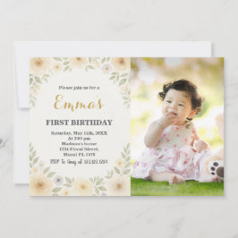 Elegante invitación floral de primer cumpleaños