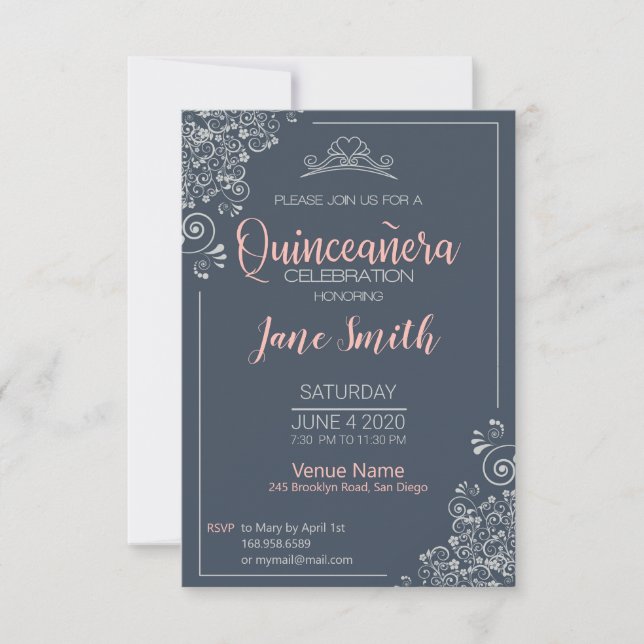 Elegante invitación floral de quinceanera de plata (Anverso)