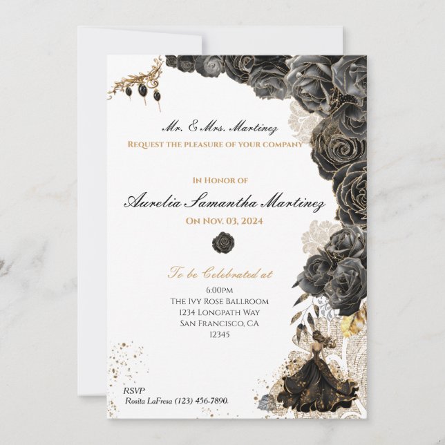 Elegante invitación floral de Quinceañera en negro (Anverso)