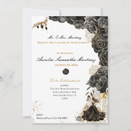 Elegante invitación floral de Quinceañera en negro