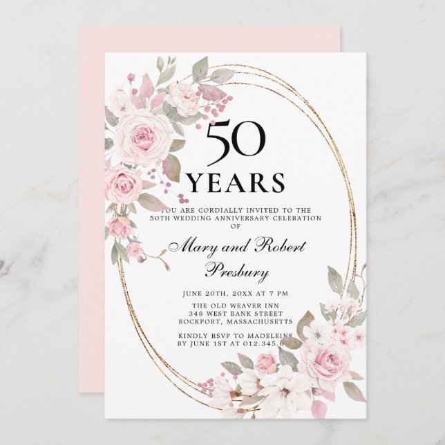 Elegante invitación floral de rosa rosa por el 50  (Anverso / Reverso)