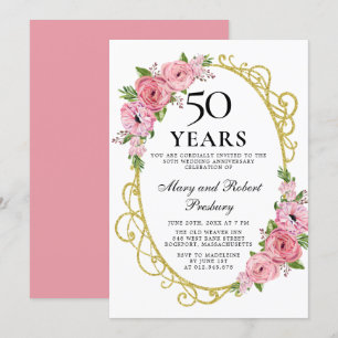 Elegante Invitación Floral de Rosa Rosa por el 50 
