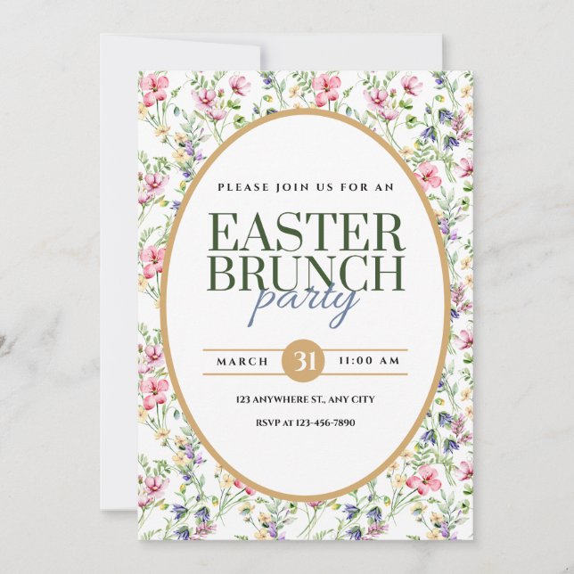 Elegante Invitación floral Fiesta Brunch de Pascua (Anverso)