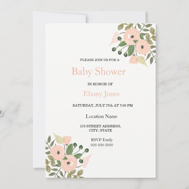 Elegante Invitación Floral Hermosa Baby Shower (Anverso)