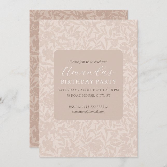 Elegante invitación floral neutra beige mocha (Anverso / Reverso)